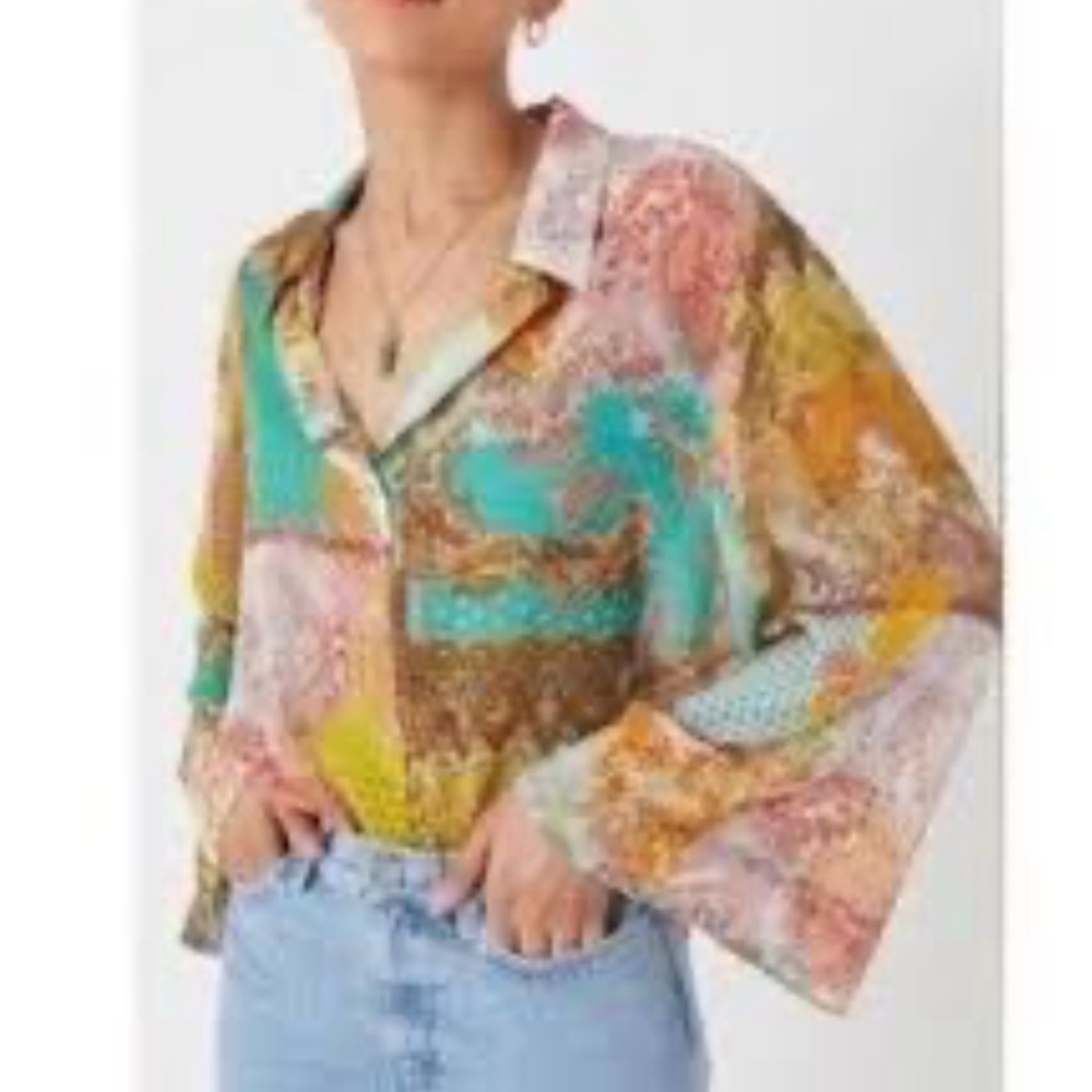 Zara Patchwork Print Button-Down Shirt in Teal, Yellow, Pink and Brown